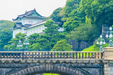 Güzel eski mimari İmparatorluk Sarayı Kalesi hendek ve Tokyo şehir Japonya köprüsünde