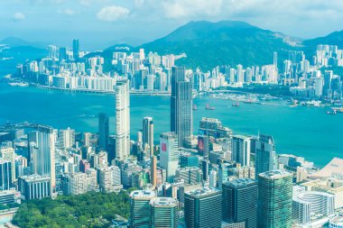 Hong kong şehir manzarası ile mavi gökyüzü arka plan dış cityscape bina güzel mimari