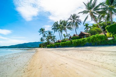 Güzel tropikal plaj deniz ve kum mavi gökyüzü ve beyaz bulut seyahat ve tatil için Hindistan cevizi hurma ağacı ile