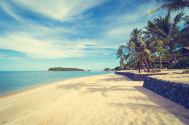 Güzel tropikal plaj deniz ve kum mavi gökyüzü ve beyaz bulut seyahat ve tatil için Hindistan cevizi hurma ağacı ile