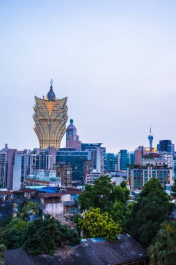 Bina Cityscape Makao şehrinin alacakaranlık geceleri güzel mimari