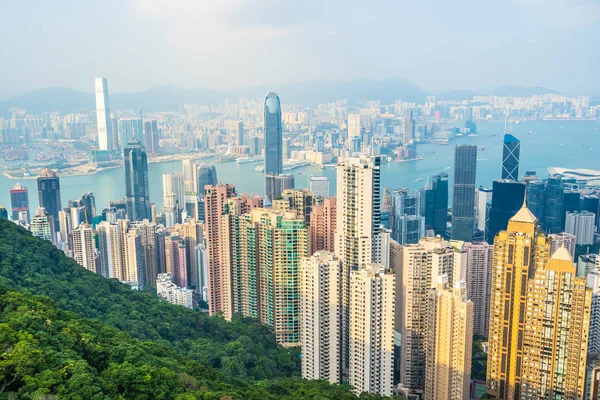 Vacker Arkitektur Byggnad Yttre Stadsbilden Hongkong Stadens Silhuett Med Blå — Stockfoto