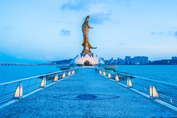 Gyönyörű Kun Iam Szobor Mérföldkő Makaó Városa — Stock Fotó