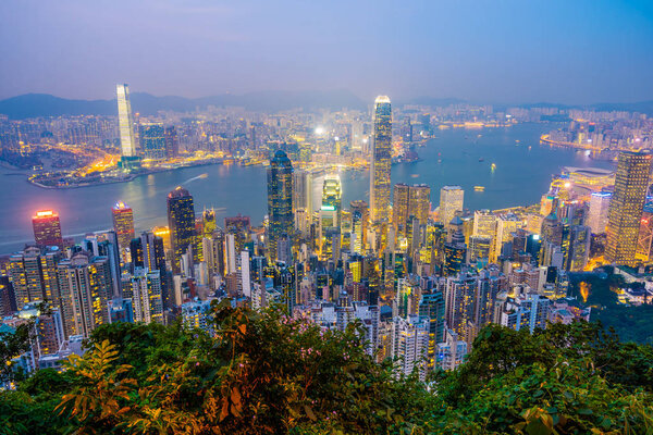 Beautiful architecture building exterior cityscape of hong kong city skyline at twilight and night