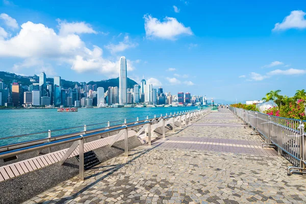 Vacker Arkitektur Byggnad Yttre Stadsbilden Hongkong Stadens Silhuett Med Blå — Stockfoto