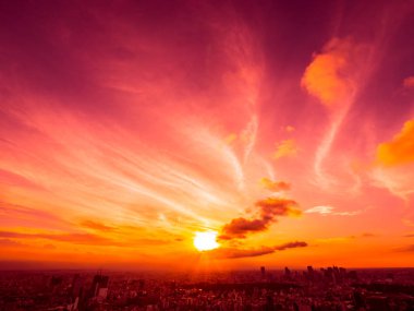 Güzel havadan görünümü, mimari ve günbatımı zaman Japonya'nın tokyo şehir etrafında bina