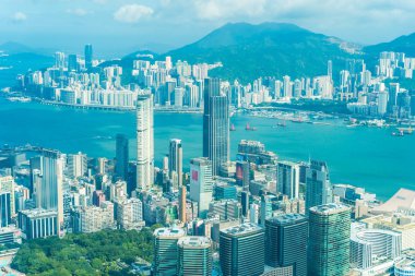 Hong kong şehir manzarası ile mavi gökyüzü arka plan dış cityscape bina güzel mimari