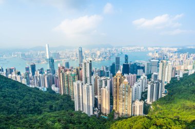 Hong kong şehir manzarası ile mavi gökyüzü arka plan dış cityscape bina güzel mimari