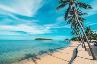Güzel tropikal plaj deniz ve kum mavi gökyüzü ve beyaz bulut seyahat ve tatil için Hindistan cevizi hurma ağacı ile