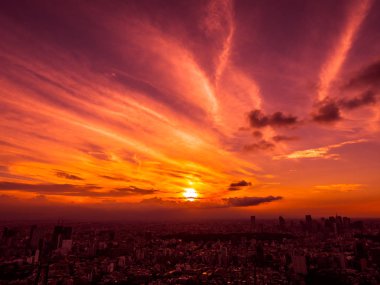Güzel havadan görünümü, mimari ve günbatımı zaman Japonya'nın tokyo şehir etrafında bina