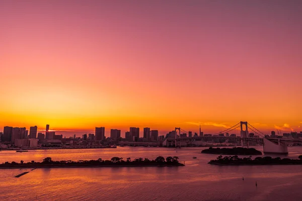 Beautiful Architecture Building Cityscape Tokyo City Rainbow Bridge Twilight Sunset — Stock Photo, Image