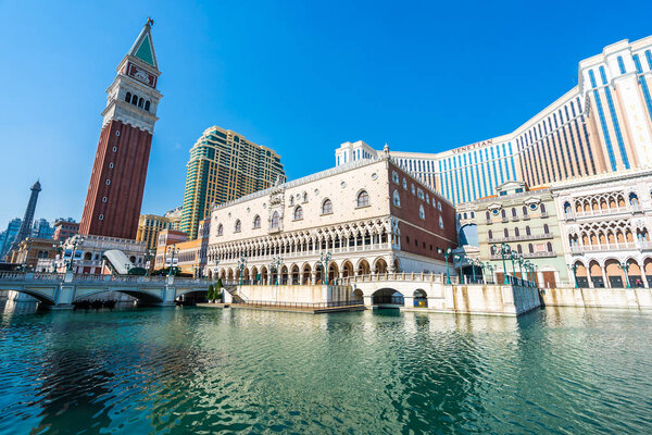 Beautiful architecture building of venetian and other hotel resort and casino in macau city at night