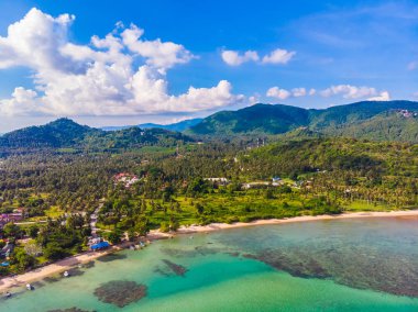 Güzel tropikal plaj ve deniz hurma ve koh samui Adası seyahat ve tatil için diğer ağacında havadan görünümü