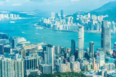 Hong kong şehir manzarası ile mavi gökyüzü arka plan dış cityscape bina güzel mimari