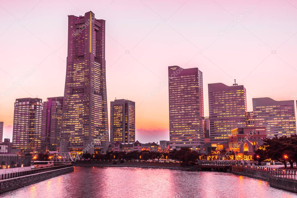 Beautiful architecture building of yokohama city skyline at twilight in Japan