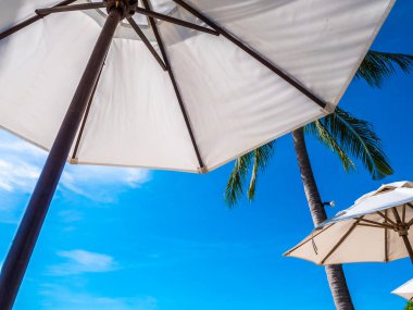 Hindistan cevizi hurma ağacı ile deniz okyanus seyahat ve tatil için mavi gökyüzü arka plan üzerinde Beyaz şemsiye