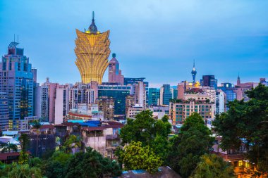 Bina Cityscape Makao şehrinin alacakaranlık geceleri güzel mimari