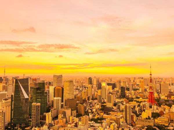 日本の日没時市周辺建物建築と東京タワーの美しい空撮 — ストック写真