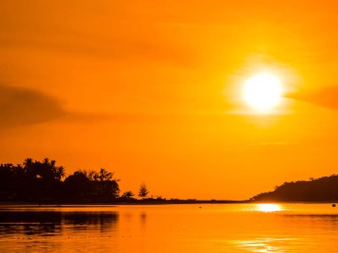 Güzel tropikal plaj deniz ve okyanus ile Hindistan cevizi hurma ağacı gündoğumu zaman seyahat ve tatil için