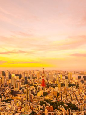 Japonya'da günbatımı zaman şehirde bina mimari ve tokyo kule güzel havadan görünümü