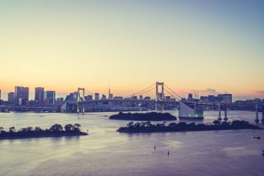 Alacakaranlık günbatımı zaman Japonya'nın tokyo şehir Gökkuşağı Köprüsü ile Cityscape bina güzel mimari