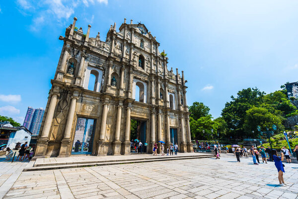 China, Macau - September 6 2018 - Beautiful old architecture building with ruin of st pual church landmark of macau city with blue sky background