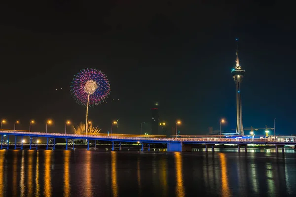 Belo Fogo Artifício Com Torre Macau Cidade Noite — Fotografia de Stock