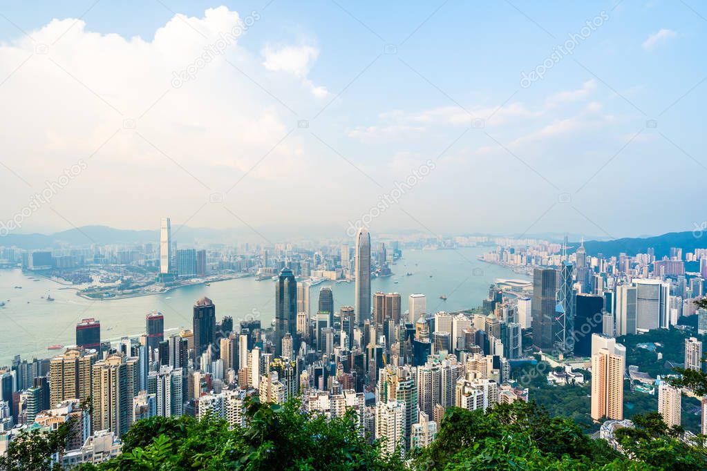 Beautiful architecture building exterior cityscape of hong kong city skyline with blue sky background