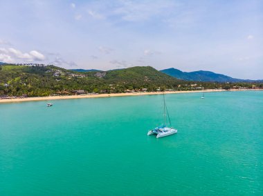 Seyahat ve tatil için adada güzel tropikal plaj ve deniz ağaçları ile havadan görünümü