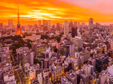 Şehir Japonya'da günbatımı zamanı, güzel mimarisi ve tokyo kule