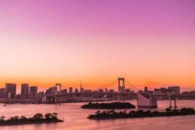 Alacakaranlık günbatımı zaman Japonya'nın tokyo şehir Gökkuşağı Köprüsü ile Cityscape bina güzel mimari