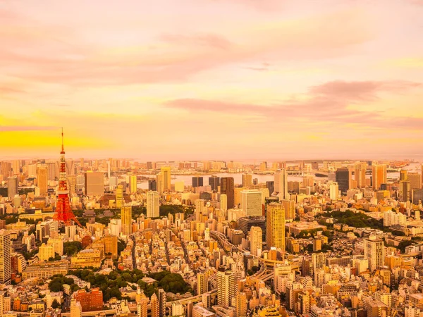 日本の日没時市周辺建物建築と東京タワーの美しい空撮 — ストック写真