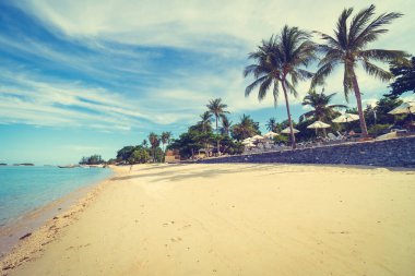 Güzel tropikal plaj deniz ve kum mavi gökyüzü ve beyaz bulut seyahat ve tatil için Hindistan cevizi hurma ağacı ile
