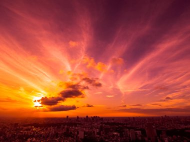 Güzel havadan görünümü, mimari ve günbatımı zaman Japonya'nın tokyo şehir etrafında bina