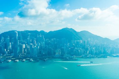 Hong kong şehir manzarası ile mavi gökyüzü arka plan dış cityscape bina güzel mimari