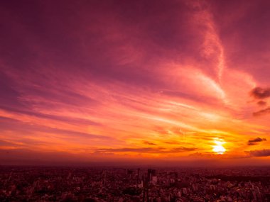 Güzel havadan görünümü, mimari ve günbatımı zaman Japonya'nın tokyo şehir etrafında bina