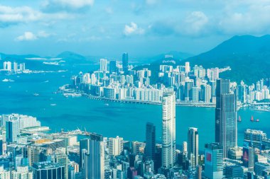 Hong kong şehir manzarası ile mavi gökyüzü arka plan dış cityscape bina güzel mimari