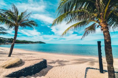 Güzel tropikal plaj deniz ve kum mavi gökyüzü ve beyaz bulut seyahat ve tatil için Hindistan cevizi hurma ağacı ile