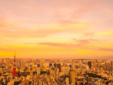 Japonya'da günbatımı zaman şehirde bina mimari ve tokyo kule güzel havadan görünümü