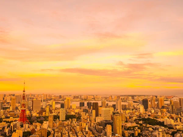 日本の日没時市周辺建物建築と東京タワーの美しい空撮 — ストック写真