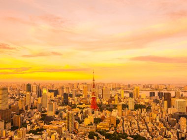 Japonya'da günbatımı zaman şehirde bina mimari ve tokyo kule güzel havadan görünümü