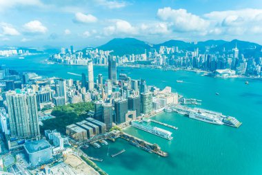 Hong kong şehir manzarası ile mavi gökyüzü arka plan dış cityscape bina güzel mimari