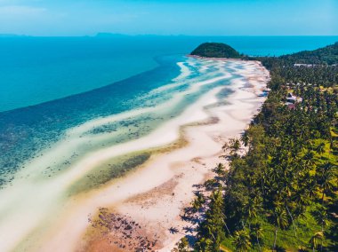 Seyahat ve tatil için adada güzel tropikal plaj ve deniz ağaçları ile havadan görünümü