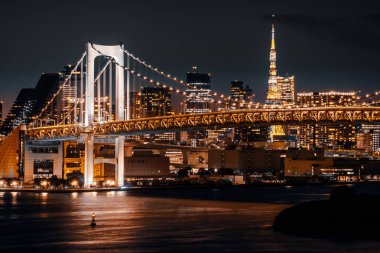 Alacakaranlık günbatımı zaman Japonya'nın tokyo şehir Gökkuşağı Köprüsü ile Cityscape bina güzel mimari