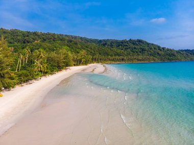 Plaj ve deniz paradise Island tatil için Hindistan cevizi hurma ağacı ile güzel havadan görünümü