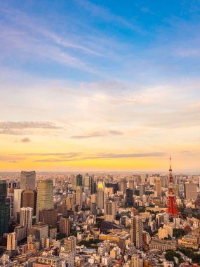Japonya'da günbatımı zaman şehirde bina mimari ve tokyo kule güzel havadan görünümü