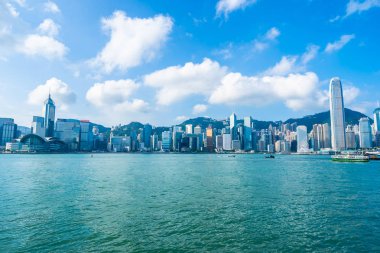 Hong kong şehir manzarası ile mavi gökyüzü arka plan dış cityscape bina güzel mimari