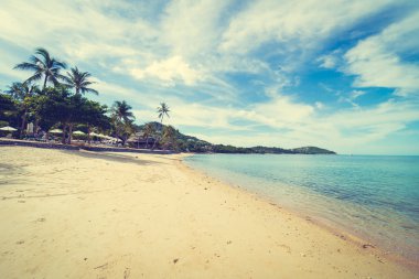 Güzel tropikal plaj deniz ve kum mavi gökyüzü ve beyaz bulut seyahat ve tatil için Hindistan cevizi hurma ağacı ile