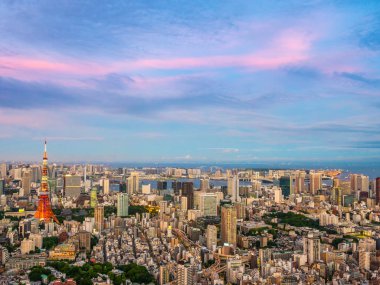Japonya'da günbatımı zaman şehirde bina mimari ve tokyo kule güzel havadan görünümü
