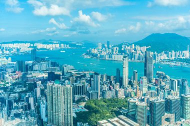 Hong kong şehir manzarası ile mavi gökyüzü arka plan dış cityscape bina güzel mimari